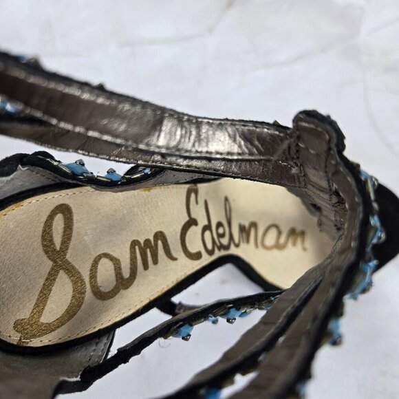 Sam Edelman Sz 8M Alina Black Turquoise Strappy Leather High Heels Zip Back NWOT - Picture 15 of 16